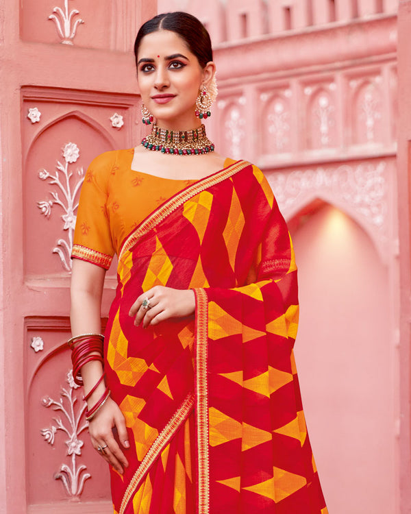 Vishal Prints Lava Red Printed Chiffon Saree With Fancy Border