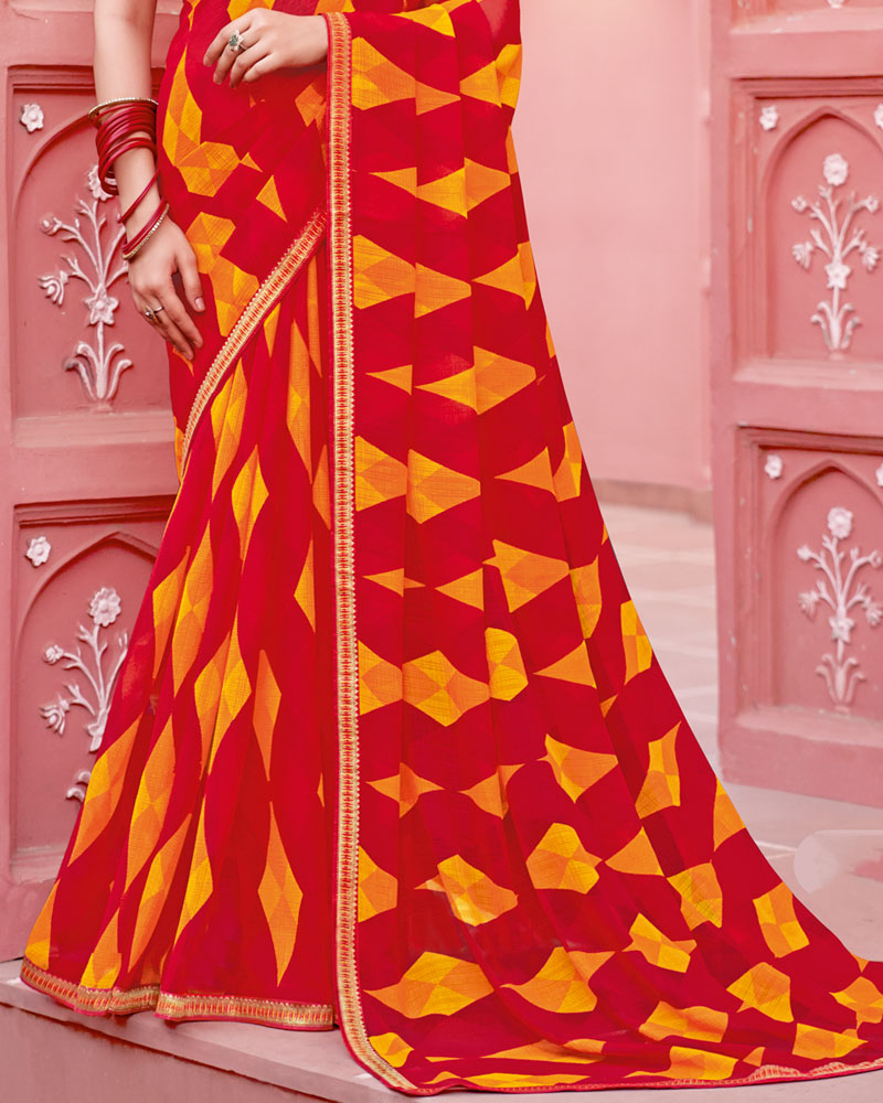Vishal Prints Lava Red Printed Chiffon Saree With Fancy Border