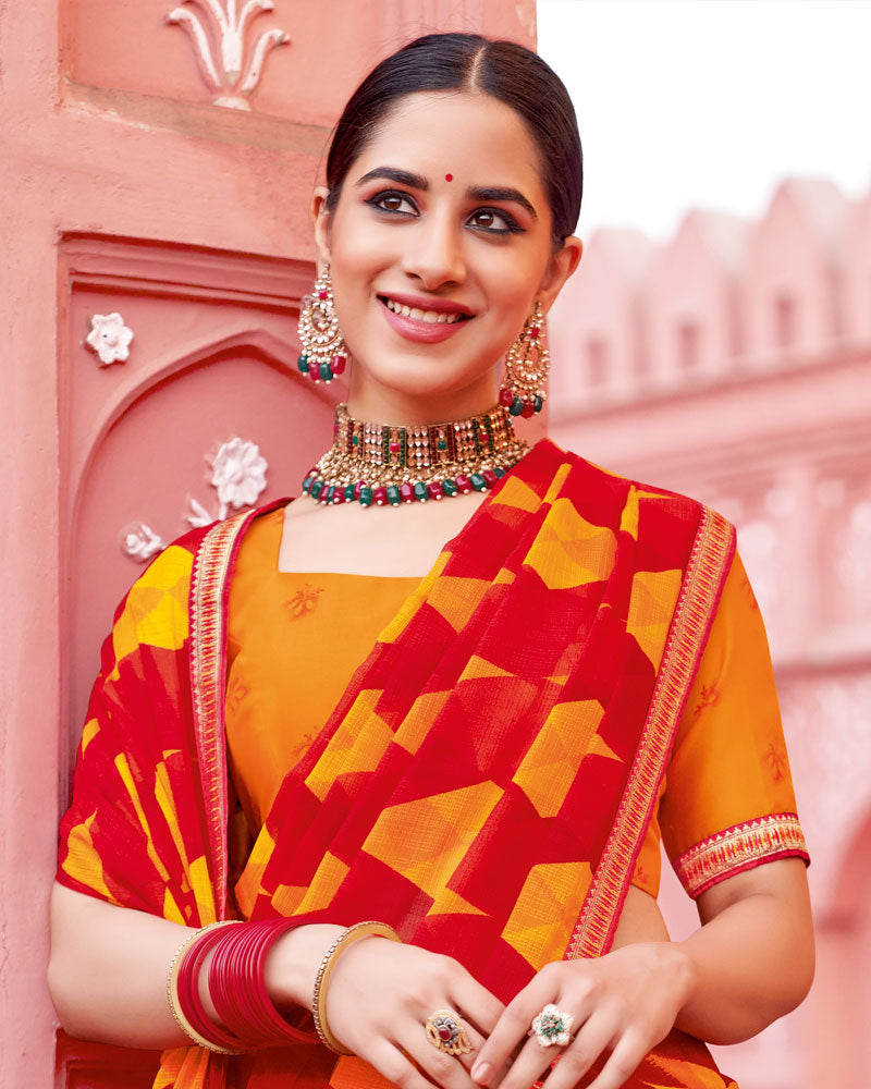 Vishal Prints Lava Red Printed Chiffon Saree With Fancy Border