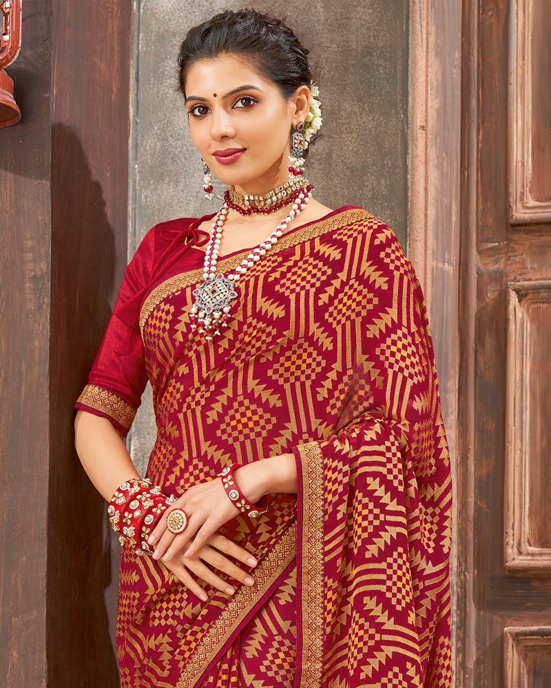 Vishal Prints Dark Red Brasso Saree With Foil Print And Zari Border