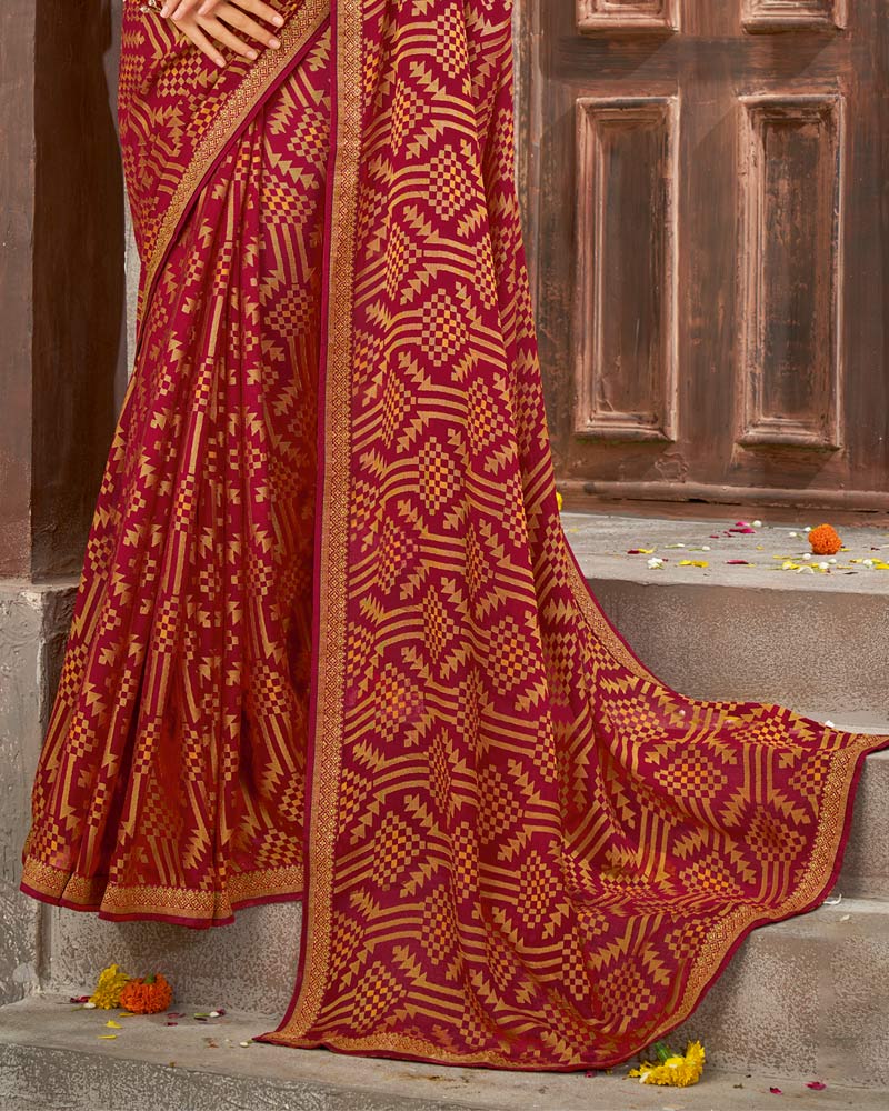 Vishal Prints Dark Red Brasso Saree With Foil Print And Zari Border