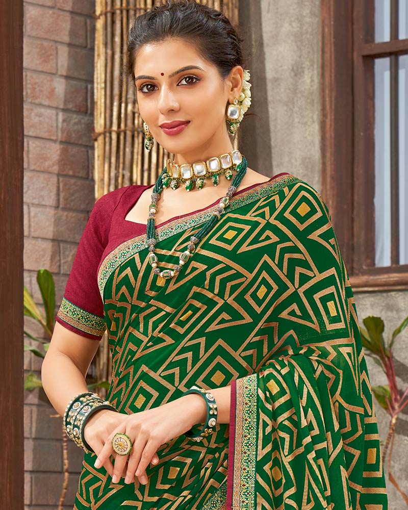 Vishal Prints Dark Green Brasso Saree With Foil Print And Zari Border