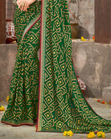 Vishal Prints Dark Green Brasso Saree With Foil Print And Zari Border