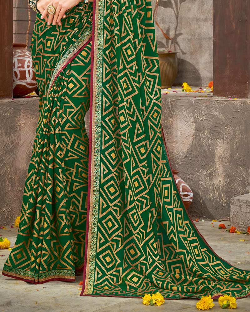 Vishal Prints Dark Green Brasso Saree With Foil Print And Zari Border