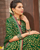 Vishal Prints Dark Green Brasso Saree With Foil Print And Zari Border