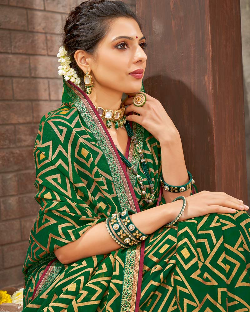 Vishal Prints Dark Green Brasso Saree With Foil Print And Zari Border