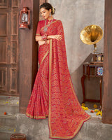Vishal Prints Pastel Red Brasso Saree With Foil Print And Zari Border