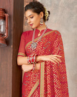 Vishal Prints Pastel Red Brasso Saree With Foil Print And Zari Border