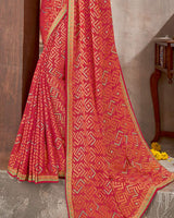 Vishal Prints Pastel Red Brasso Saree With Foil Print And Zari Border