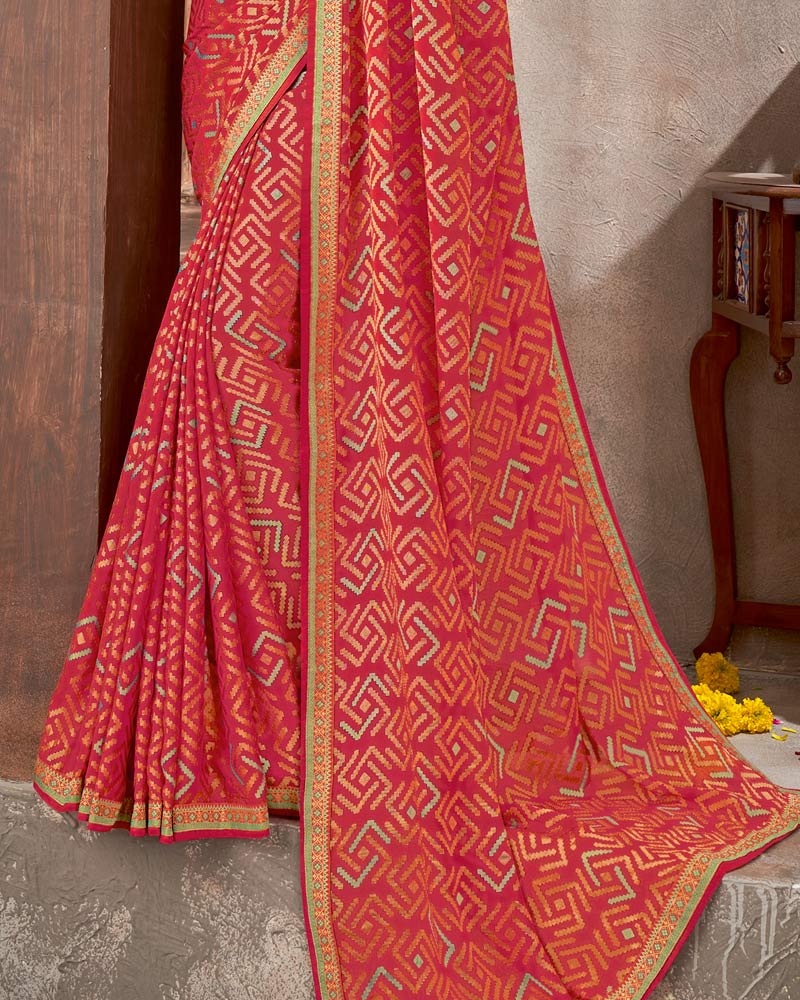 Vishal Prints Pastel Red Brasso Saree With Foil Print And Zari Border
