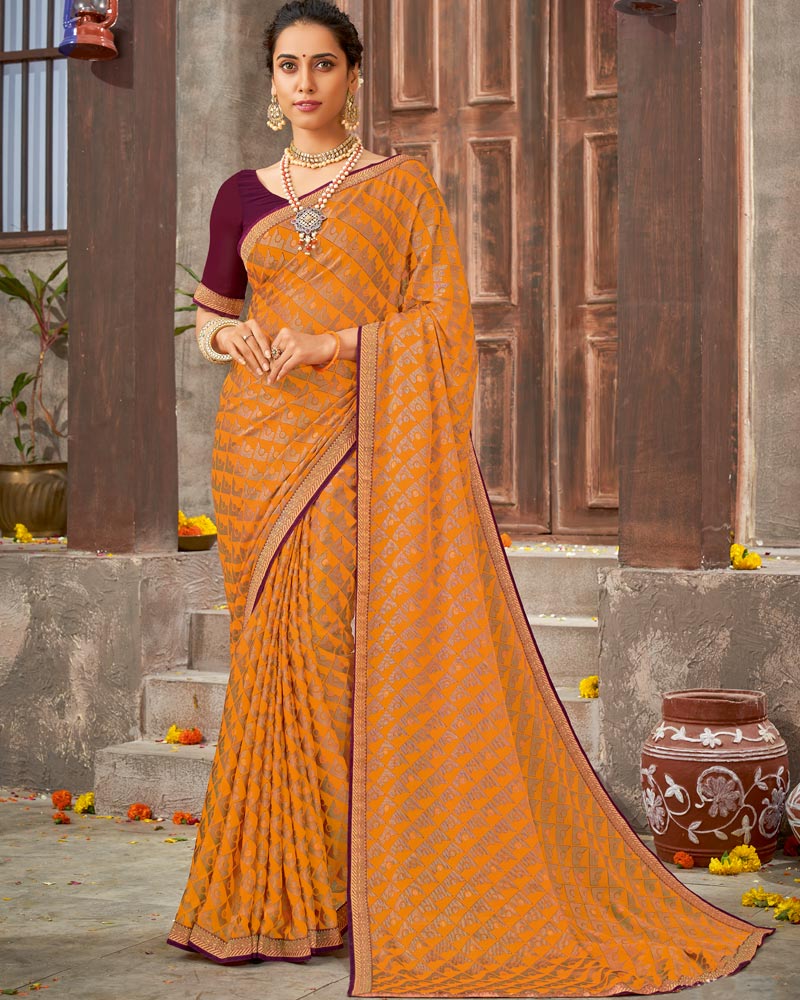 Vishal Prints Dark Orange Brasso Saree With Foil Print And Zari Border