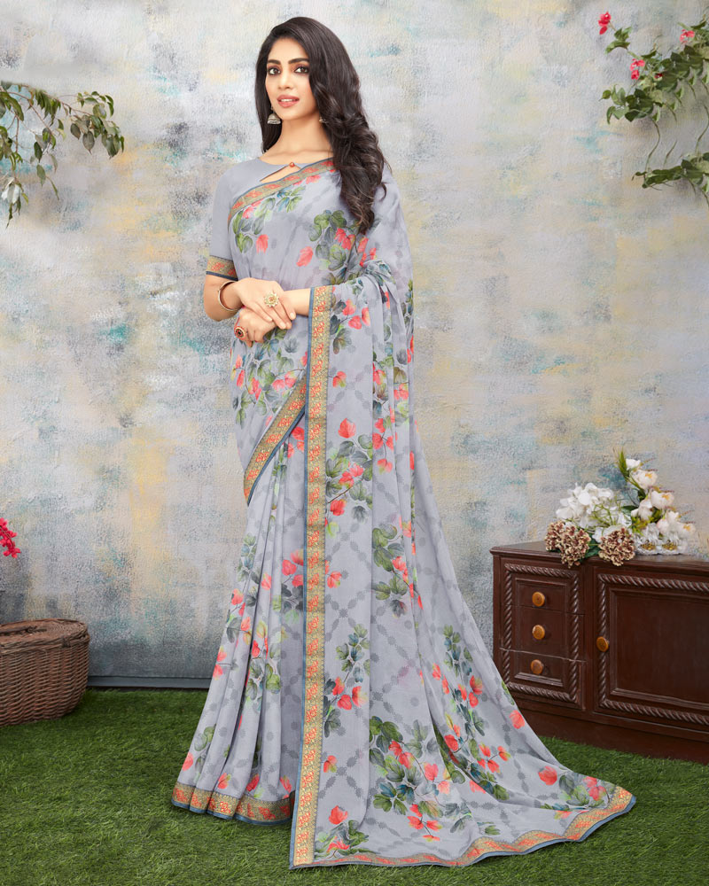 Vishal Prints Grey Printed Brasso Saree With Fancy Lace Border