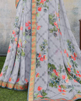 Vishal Prints Grey Printed Brasso Saree With Fancy Lace Border
