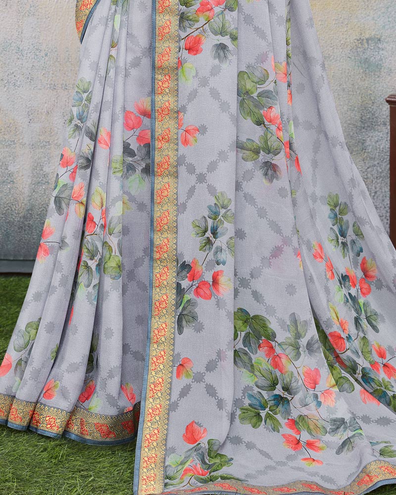 Vishal Prints Grey Printed Brasso Saree With Fancy Lace Border