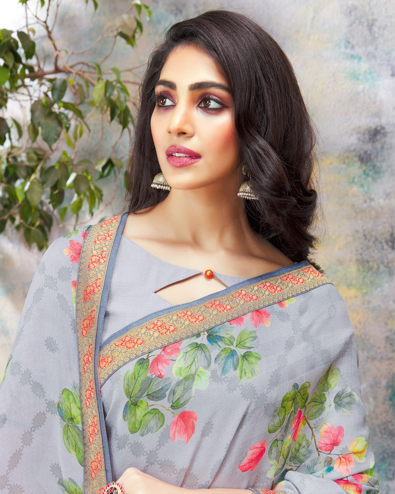 Vishal Prints Grey Printed Brasso Saree With Fancy Lace Border