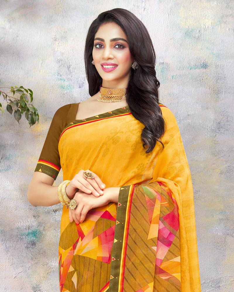 Vishal Prints Mustard And Printed Brasso Saree With Fancy Lace Border