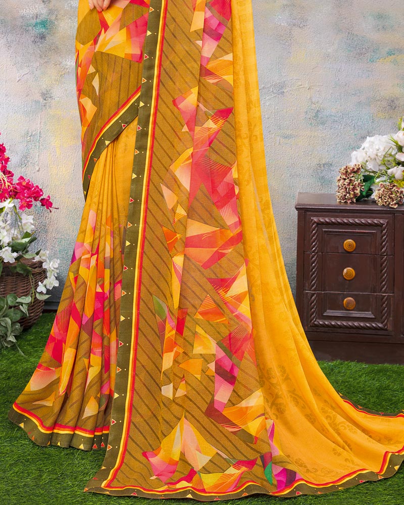 Vishal Prints Mustard And Printed Brasso Saree With Fancy Lace Border