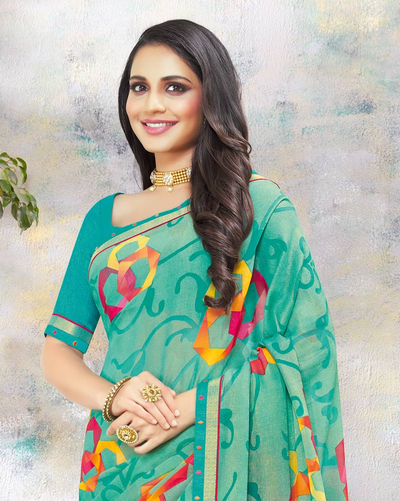 Vishal Prints Teal Printed Brasso Saree With Fancy Lace Border