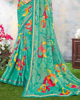 Vishal Prints Teal Printed Brasso Saree With Fancy Lace Border
