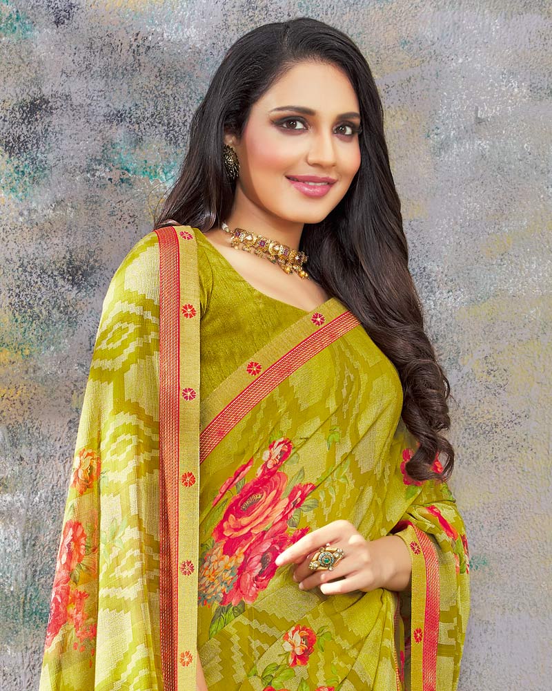 Vishal Prints Olive Green Printed Brasso Saree With Fancy Lace Border