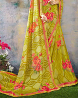 Vishal Prints Olive Green Printed Brasso Saree With Fancy Lace Border