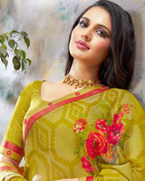 Vishal Prints Olive Green Printed Brasso Saree With Fancy Lace Border