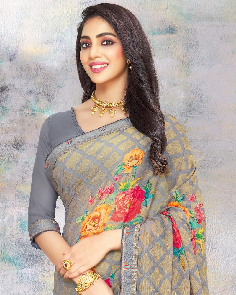 Vishal Prints Beige And Grey Printed Brasso Saree With Fancy Lace Border