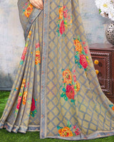 Vishal Prints Beige And Grey Printed Brasso Saree With Fancy Lace Border