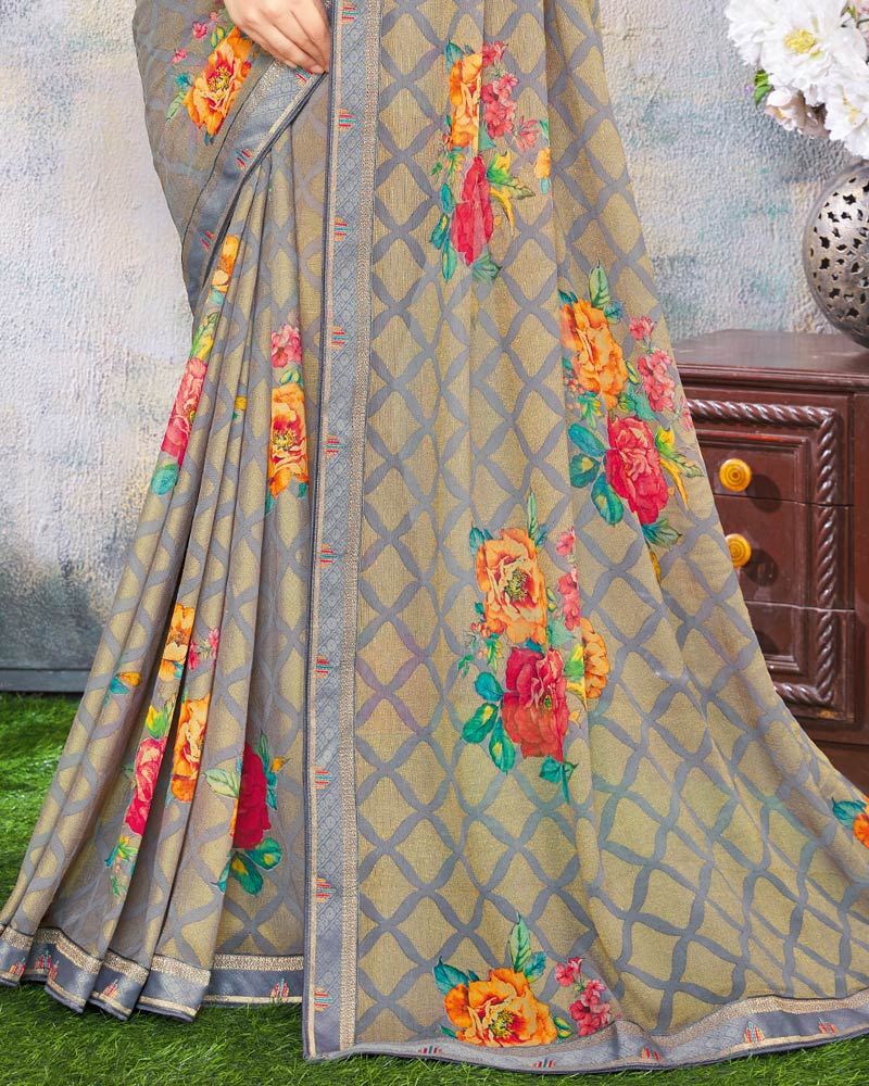 Vishal Prints Beige And Grey Printed Brasso Saree With Fancy Lace Border