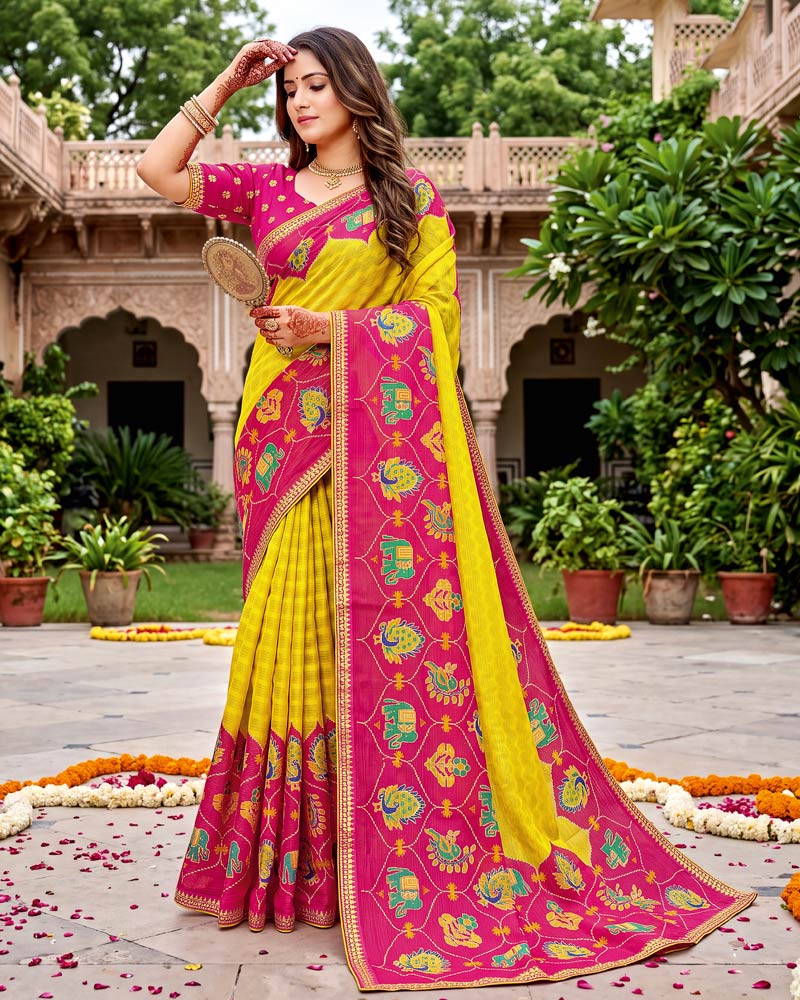Vishal Prints Lemon Yellow Traditional Print Fancy Chiffon Saree With Foil Print And Embroidery Border