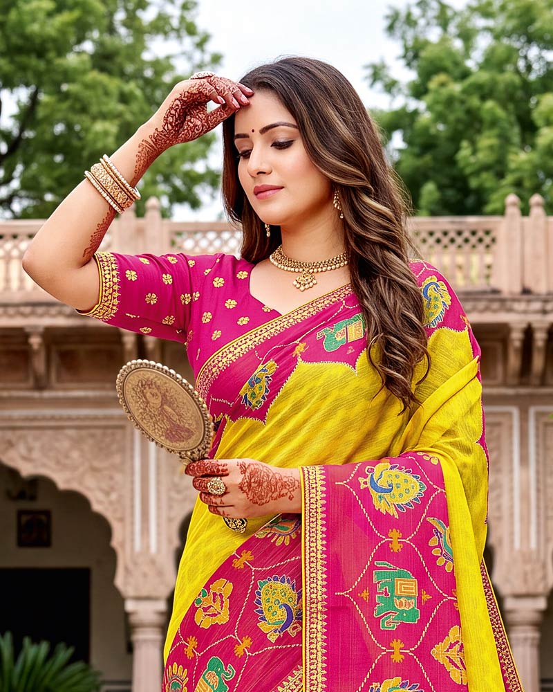 Vishal Prints Lemon Yellow Traditional Print Fancy Chiffon Saree With Foil Print And Embroidery Border