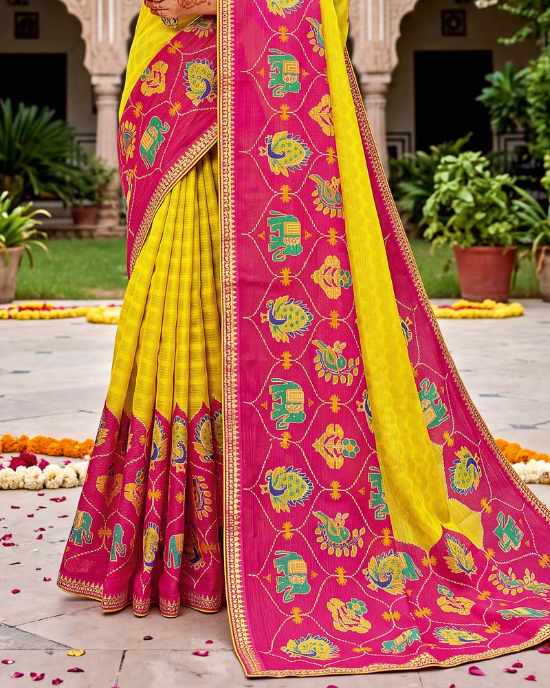 Vishal Prints Lemon Yellow Traditional Print Fancy Chiffon Saree With Foil Print And Embroidery Border