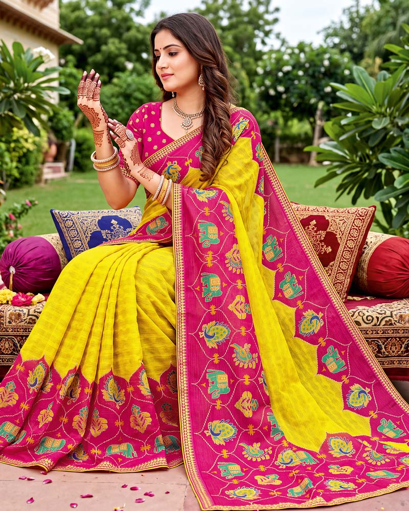 Vishal Prints Lemon Yellow Traditional Print Fancy Chiffon Saree With Foil Print And Embroidery Border