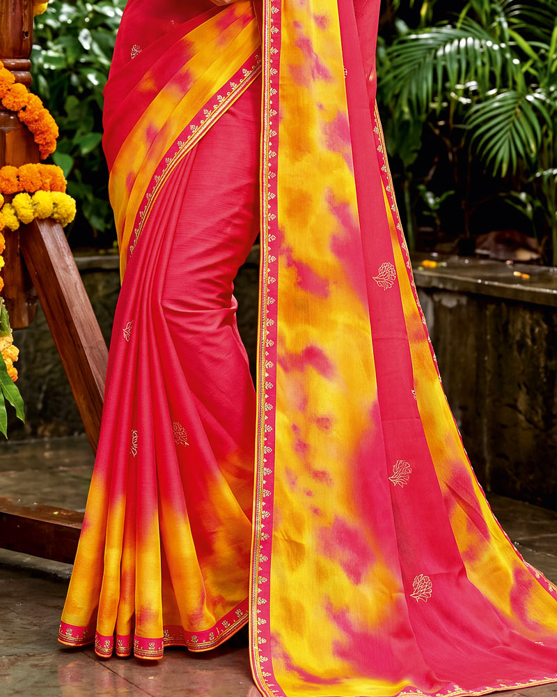 Vishal Prints Tomato Red Traditional Print Fancy Chiffon Saree With Foil Print And Embroidery Border