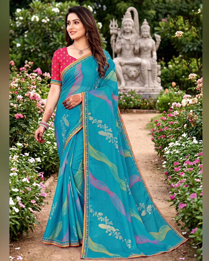 Vishal Prints Deep Sky Blue Traditional Print Fancy Chiffon Saree With Foil Print And Embroidery Border