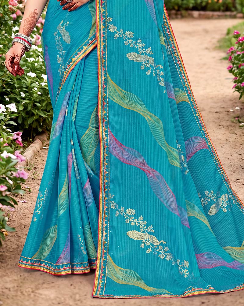 Vishal Prints Deep Sky Blue Traditional Print Fancy Chiffon Saree With Foil Print And Embroidery Border
