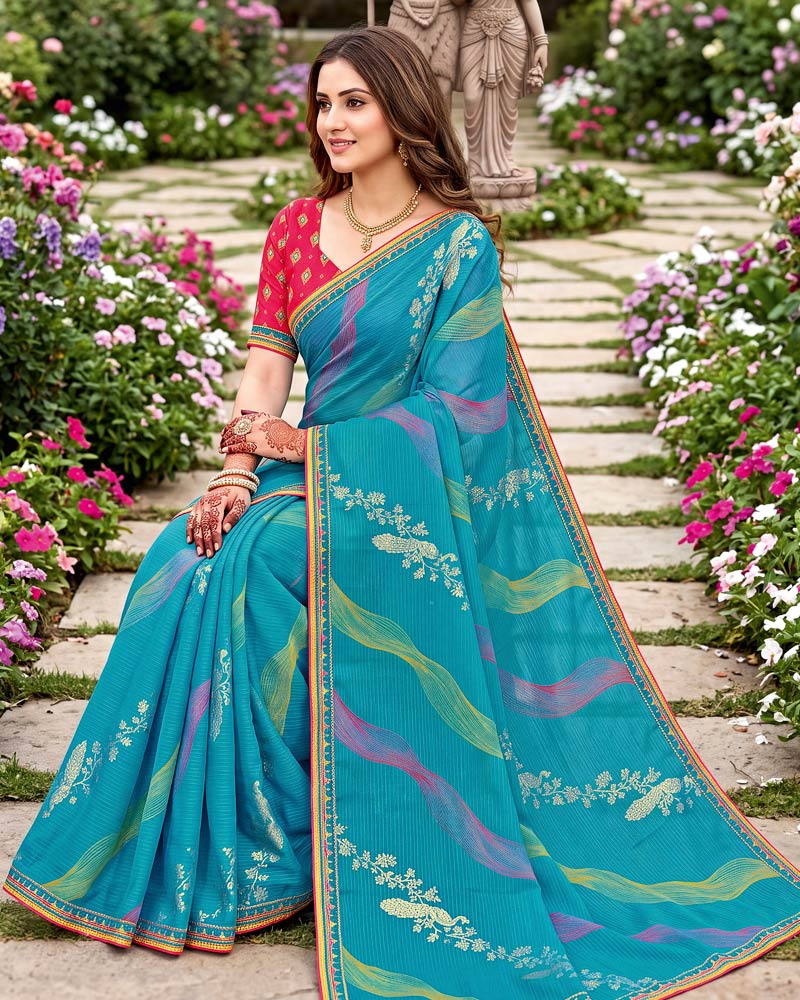 Vishal Prints Deep Sky Blue Traditional Print Fancy Chiffon Saree With Foil Print And Embroidery Border