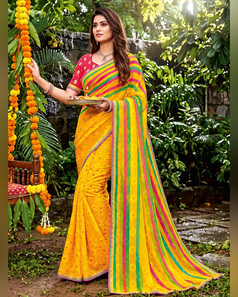 Vishal Prints Bright Yellow Traditional Print Fancy Chiffon Saree With Foil Print And Embroidery Border