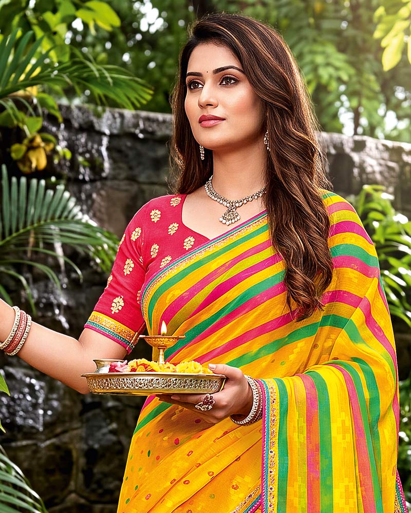 Vishal Prints Bright Yellow Traditional Print Fancy Chiffon Saree With Foil Print And Embroidery Border