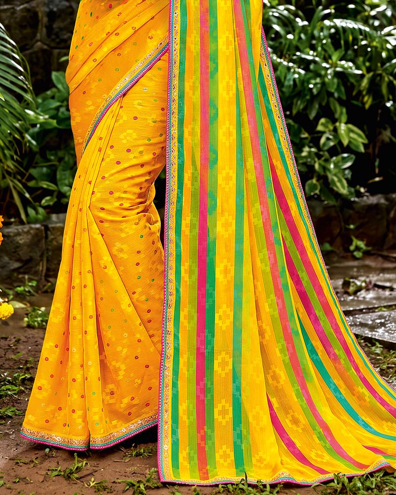 Vishal Prints Bright Yellow Traditional Print Fancy Chiffon Saree With Foil Print And Embroidery Border