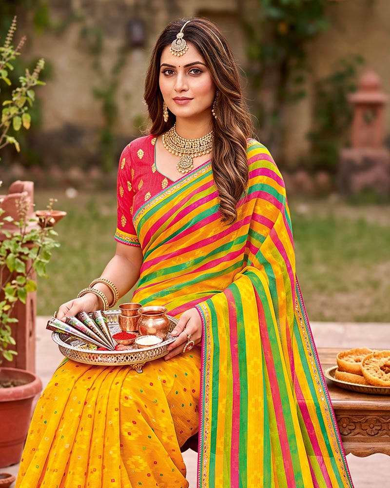 Vishal Prints Bright Yellow Traditional Print Fancy Chiffon Saree With Foil Print And Embroidery Border