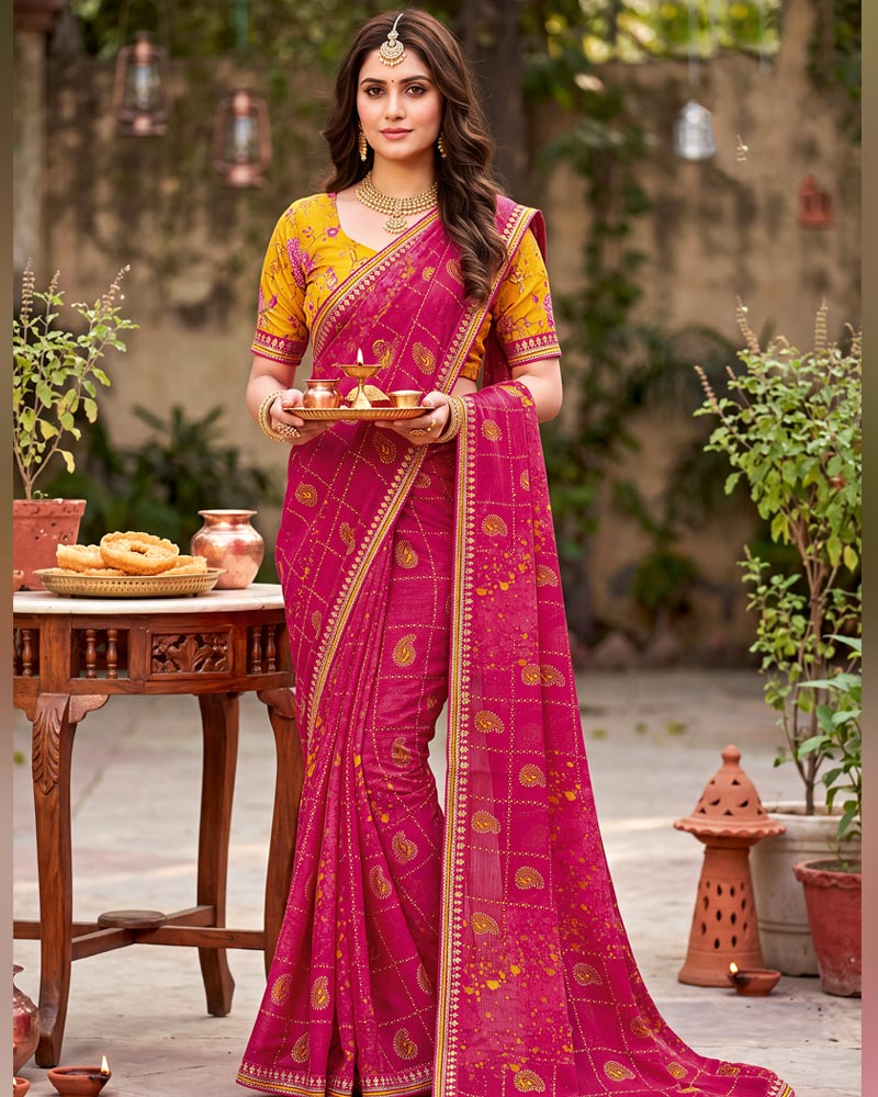 Vishal Prints Deep Rani Pink Traditional Print Fancy Chiffon Saree With Foil Print And Embroidery Border