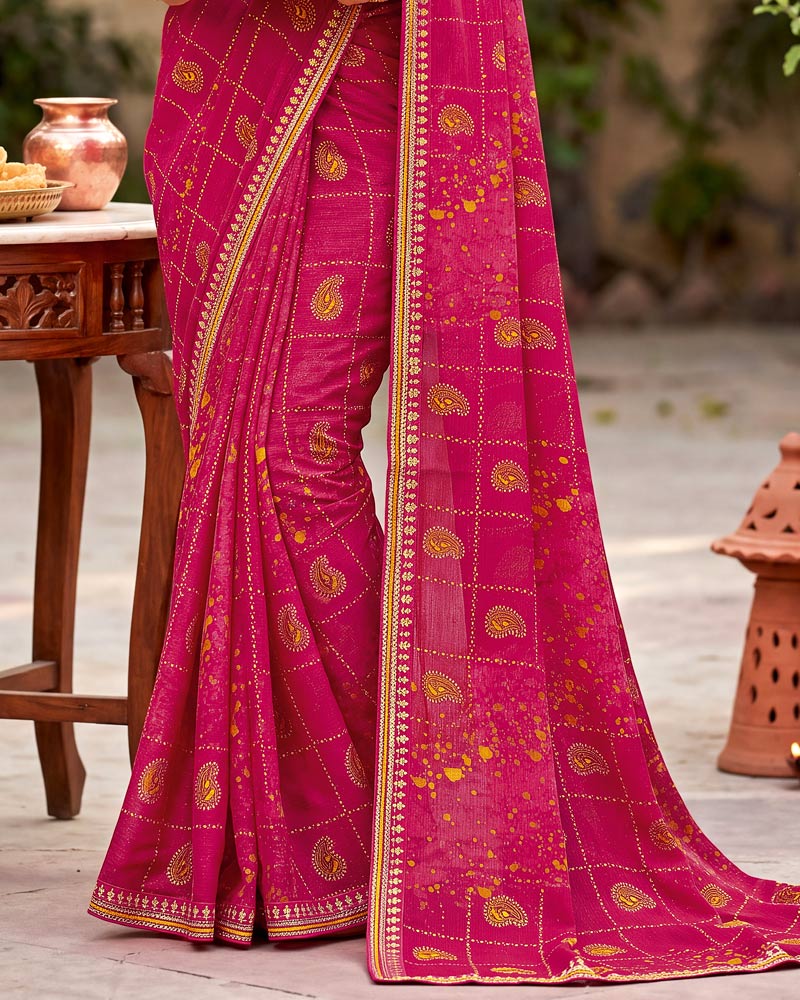 Vishal Prints Deep Rani Pink Traditional Print Fancy Chiffon Saree With Foil Print And Embroidery Border