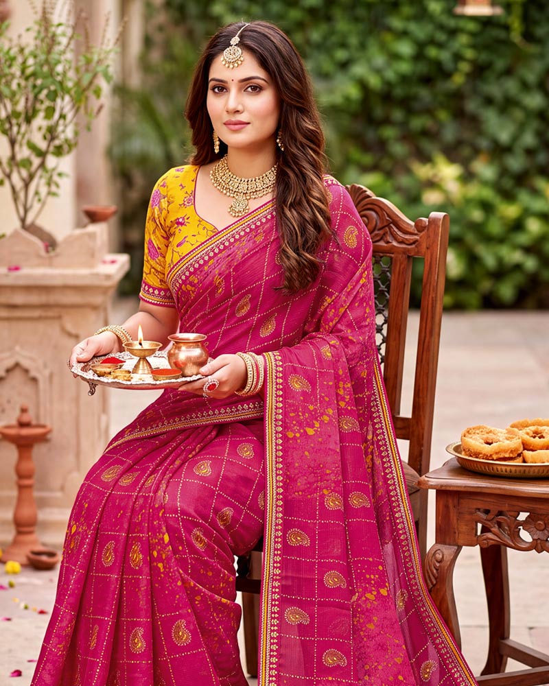 Vishal Prints Deep Rani Pink Traditional Print Fancy Chiffon Saree With Foil Print And Embroidery Border