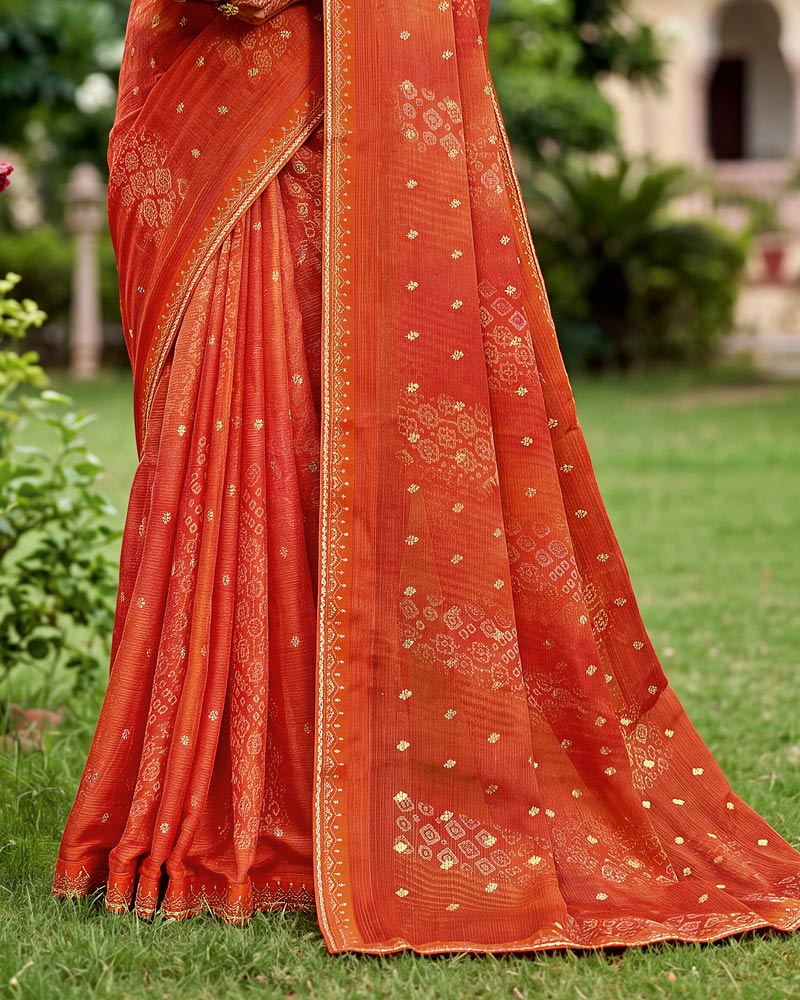 Vishal Prints Dusty Orange Traditional Print Fancy Chiffon Saree With Foil Print And Embroidery Border