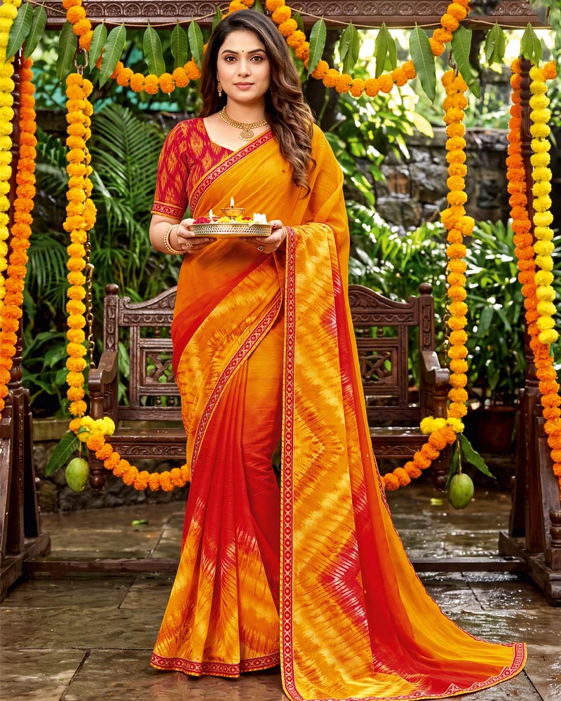 Vishal Prints Shaded Mustard Traditional Print Fancy Chiffon Saree With Foil Print-Mirror Work And Embroidery Border