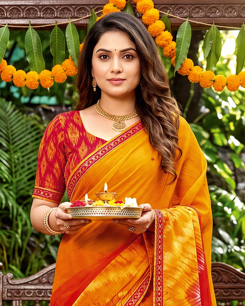 Vishal Prints Shaded Mustard Traditional Print Fancy Chiffon Saree With Foil Print-Mirror Work And Embroidery Border