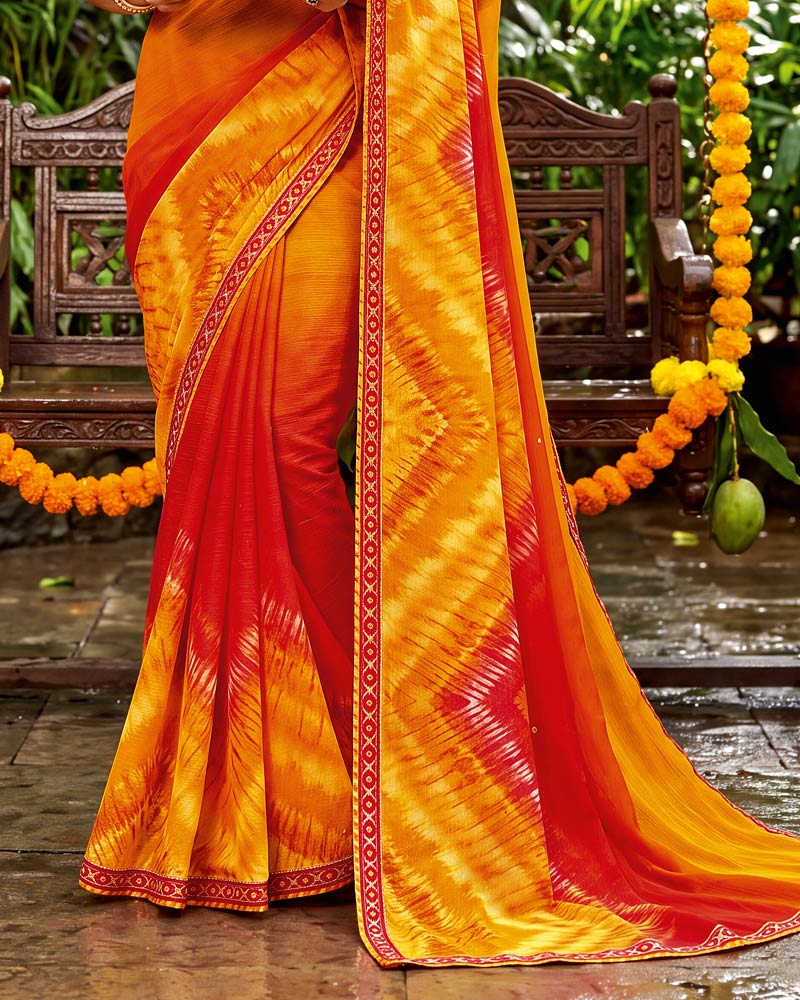 Vishal Prints Shaded Mustard Traditional Print Fancy Chiffon Saree With Foil Print-Mirror Work And Embroidery Border