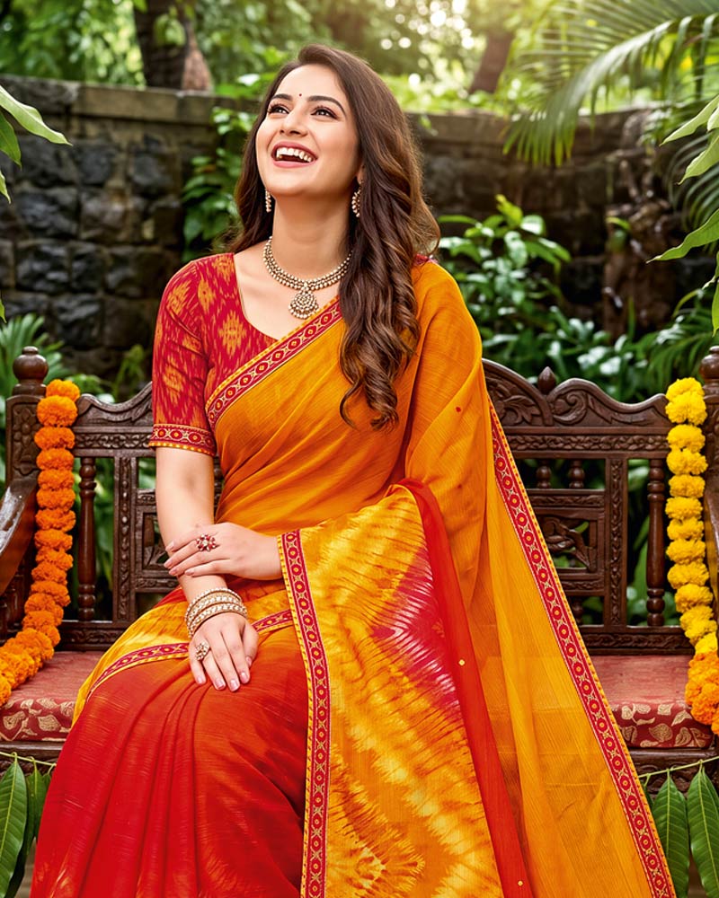 Vishal Prints Shaded Mustard Traditional Print Fancy Chiffon Saree With Foil Print-Mirror Work And Embroidery Border