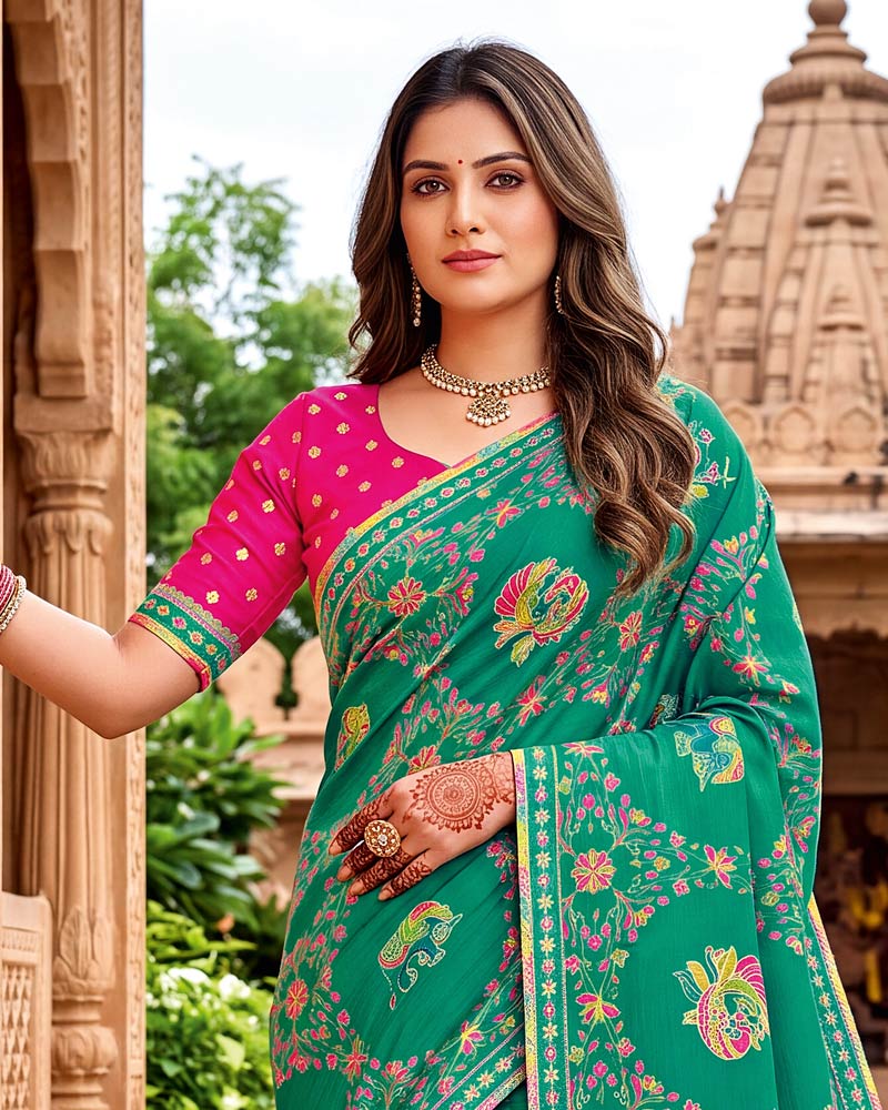 Vishal Prints Teal Green Traditional Print Fancy Chiffon Saree With Foil Print And Embroidery Border